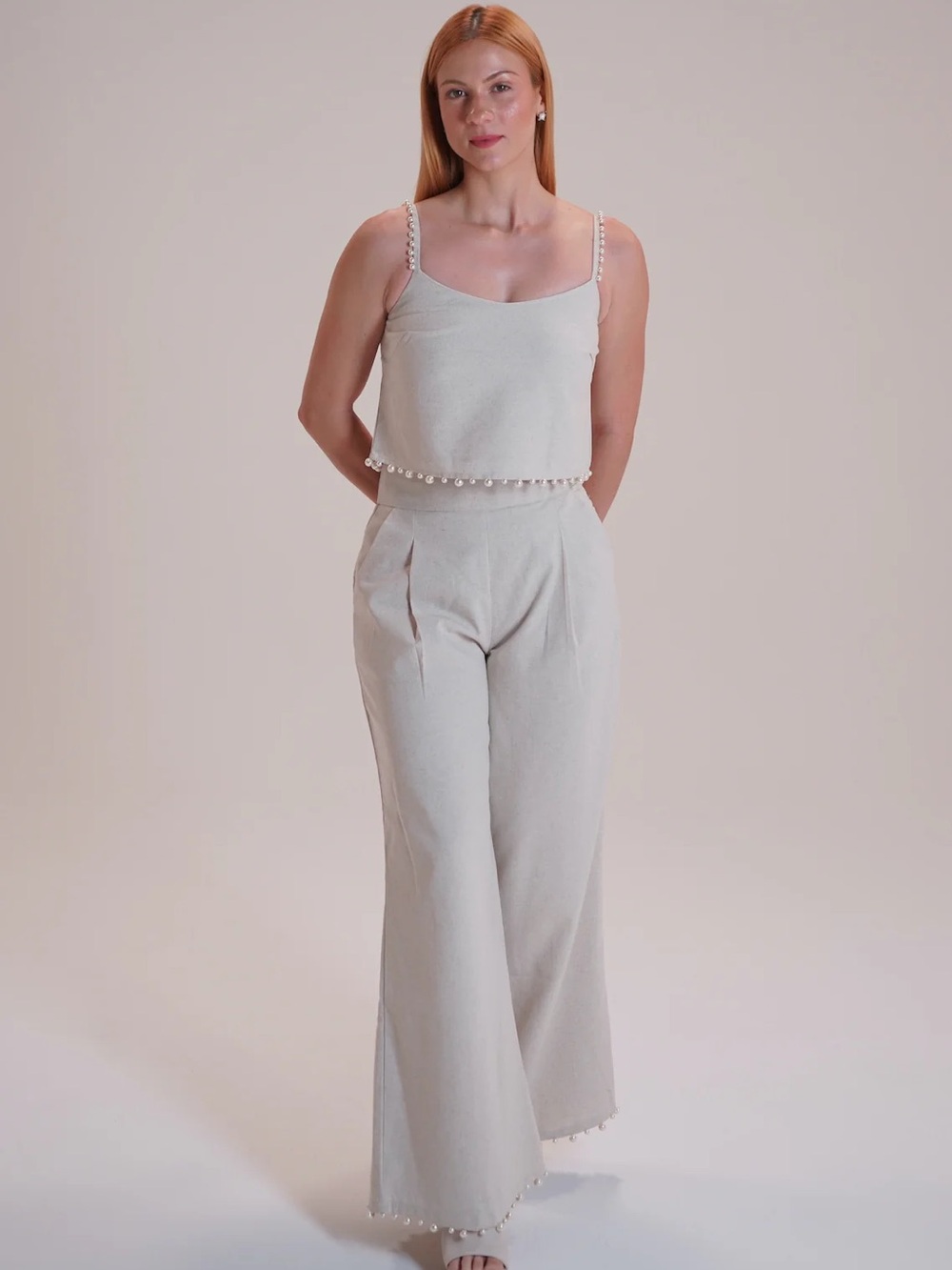 EB LUXE Wide-Leg Cream Linen-Blend Pants and top set SIZE L